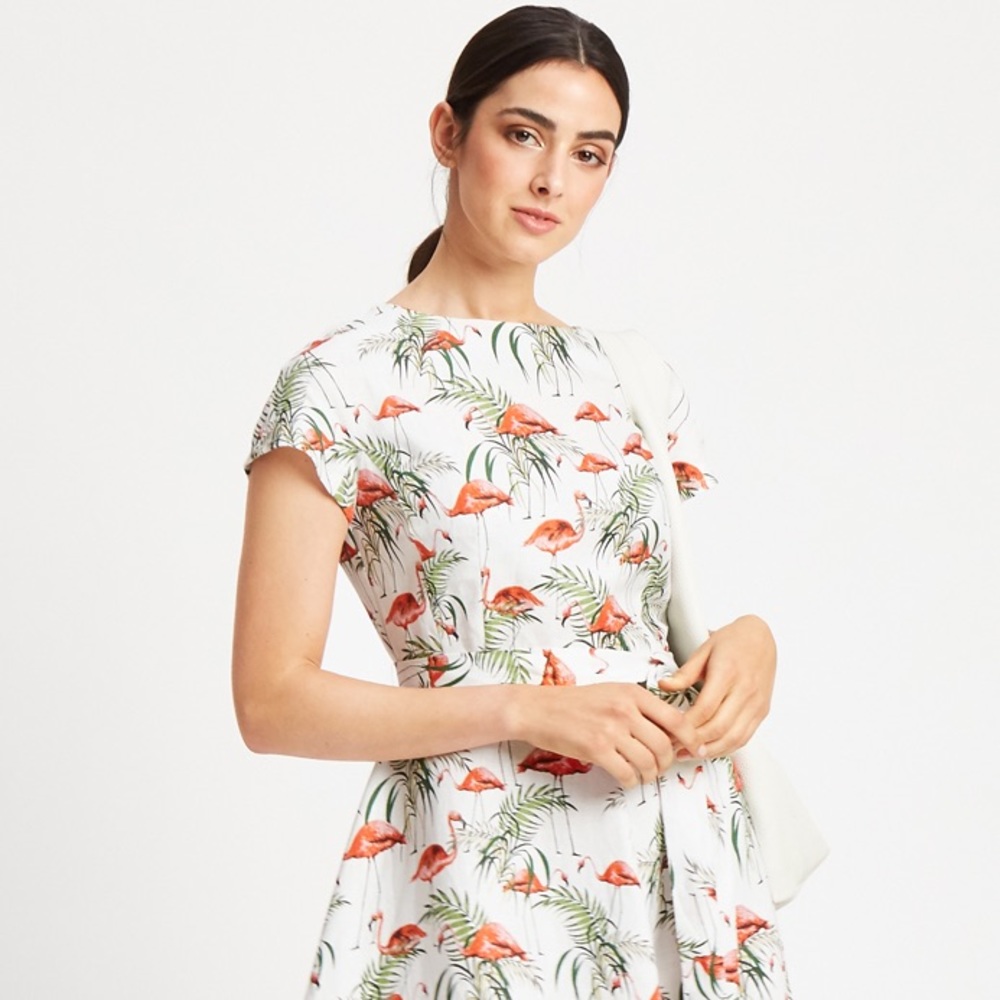 Hobbs Sorrento 100% linen Flamingo Fit n Flare dress size 8 NWOT